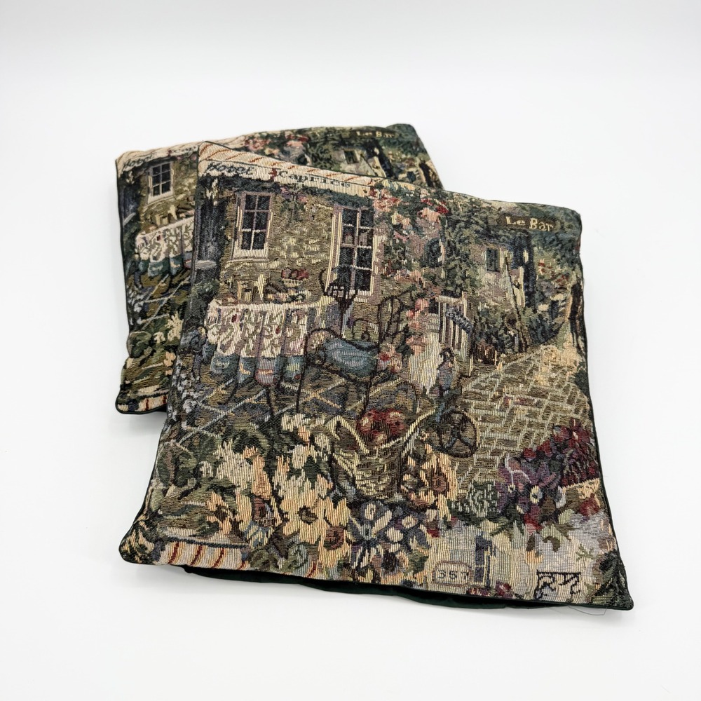 Vintage French Cottage Tapestry 14" Square Throw Pillows Set of 2